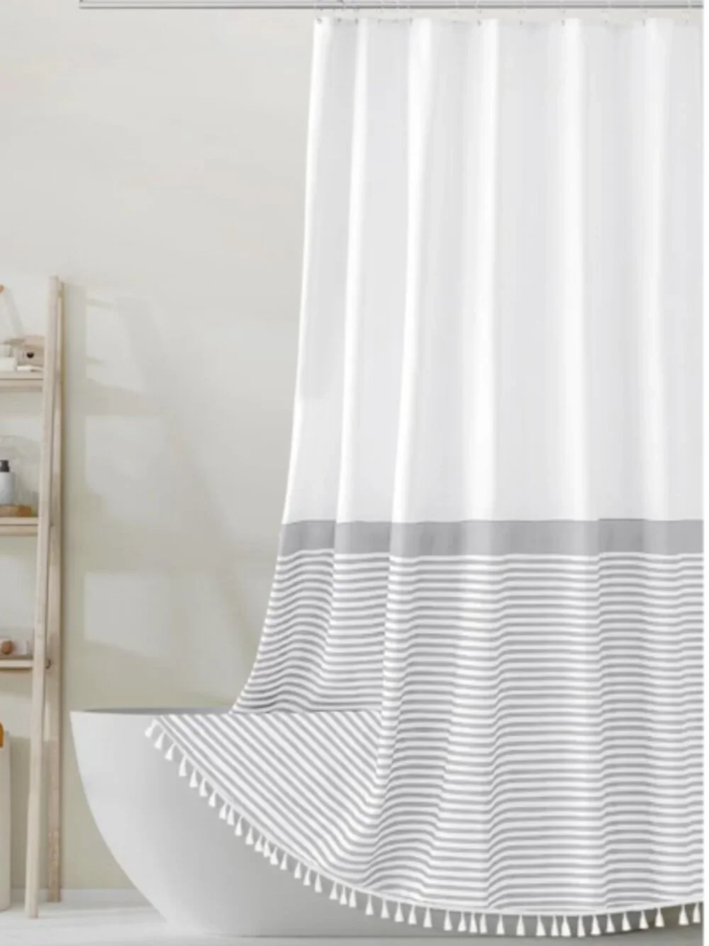 New gray and white fabric tassel shower curtain 72